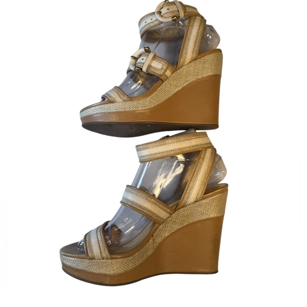 Coach Mariah Gold Raffia Wedge Sandals Size 7B Y2K Resort Glam Platform Heels - Picture 5 of 9